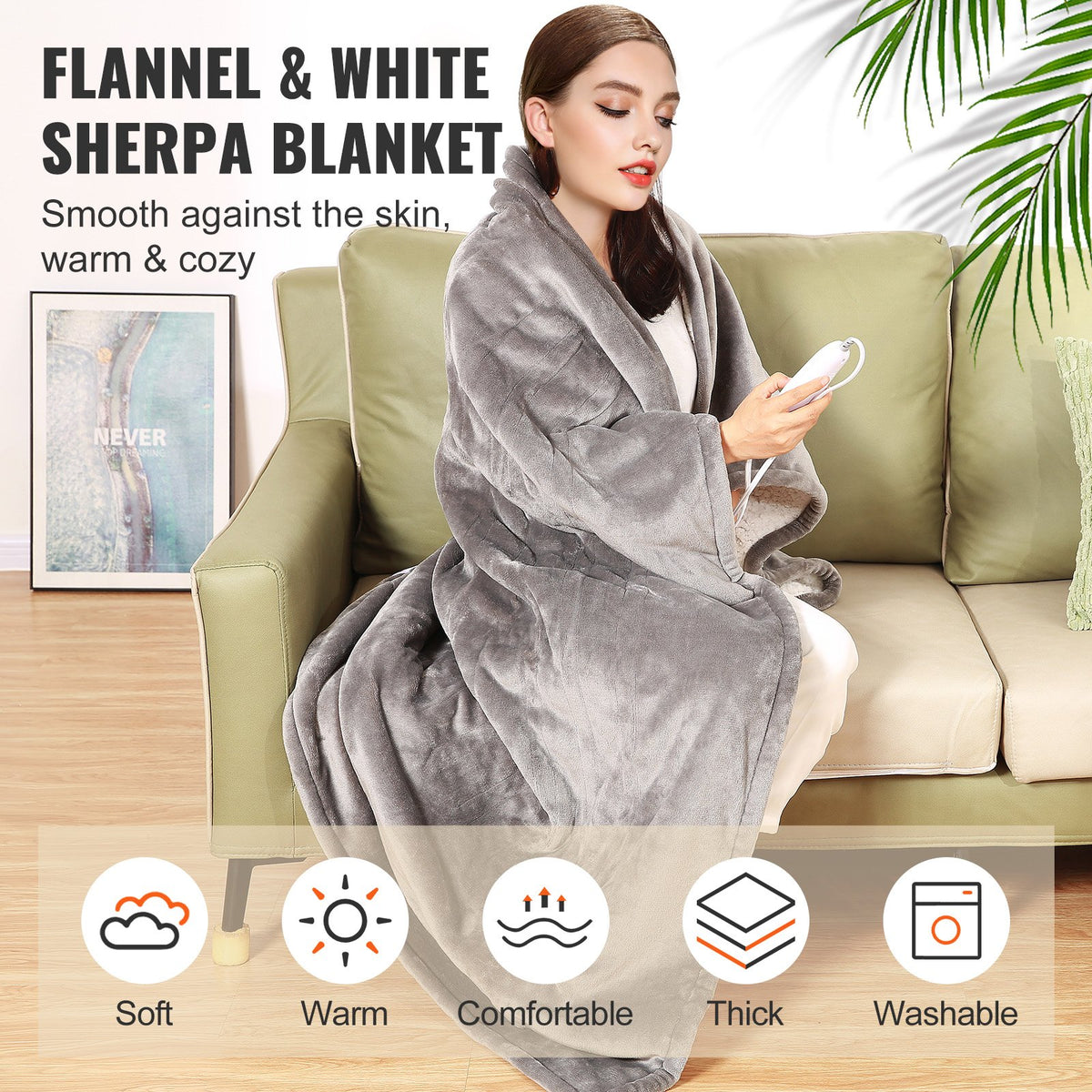 Heated throw blanket on a sofa